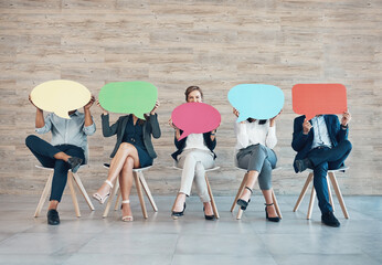Speech bubble, interview and group of business people in office with mockup space for recruitment. Line, waiting and corporate hiring candidates with board or sign for career opportunity in workplace