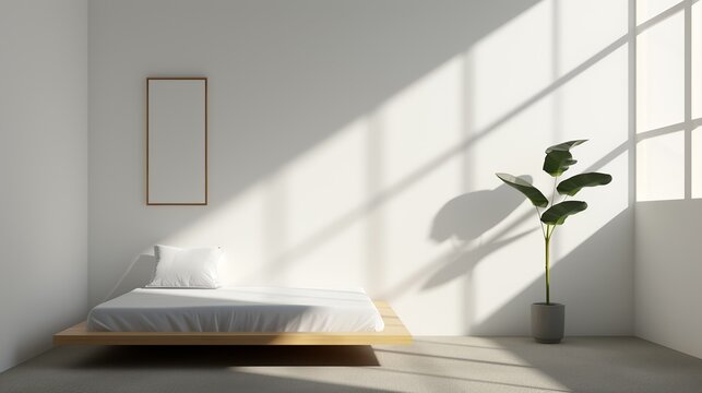 A cozy minimalist bedroom with a platform bed and simple decor creating a serene and uncluttered environment ideal for rest and relaxation Illustration, Image, , Minimalism,