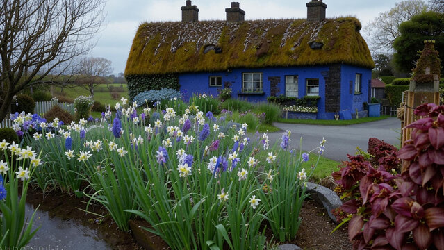 arafed blue house with a thatched roof and a garden of flowers