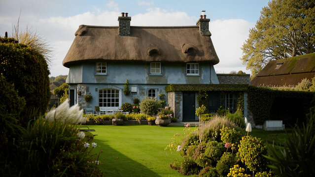 a thatched roof house with a garden in front of it