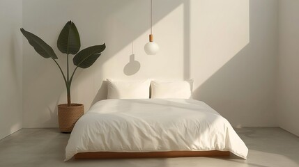 A cozy minimalist bedroom with a platform bed and simple decor creating a serene and uncluttered environment ideal for rest and relaxation Illustration, Image, , Minimalism,