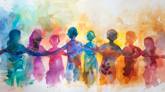 un fondo pintado en efecto acuarela de un grupo de ni&ntilde;os abrazandose unidos y juntos con sentimientos de amistad 