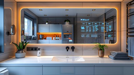 A bathroom with a mirror that has a digital screen on it - generative AI