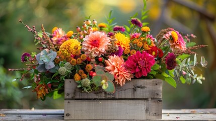 Vibrant fall bouquet in a wooden box on an outdoor table