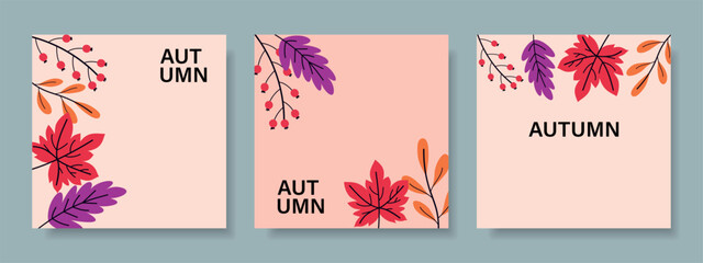 Set of trendy minimal autumn posters with colorful leaves.