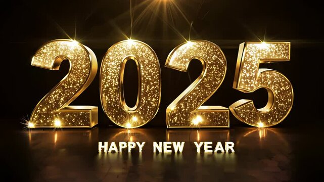 Golden 2025 Happy New Year text with sparkling lights