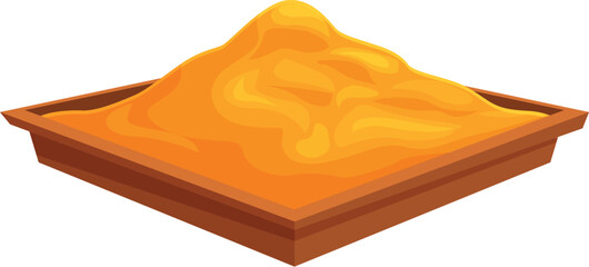 Wooden tray is holding a heap of turmeric powder, commonly used for cooking