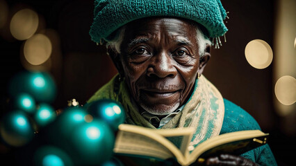 Fototapeta premium a man reading a book with a green hat on