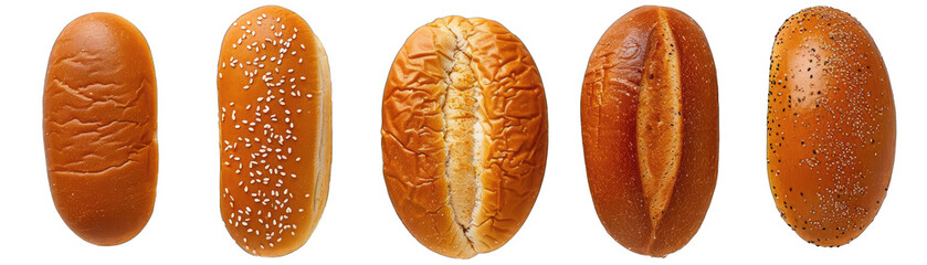 Hot Dog Buns, Plain, Sesame Seed, Whole Wheat, Arranged From Side and Top Views. Isolated on a Transparent Background. Cutout PNG.