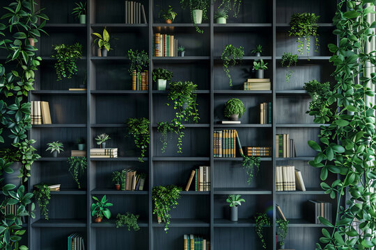 Contemporary style bookshelf decorated with green plants close up
