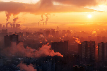 Obraz premium Air pollution. Smog and fine PM2.5 dust covering the city at sunset with space for text or inscriptions 