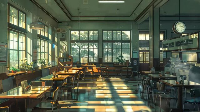 Animation Sunlit empty caf&eacute; with large windows and wooden furniture generated with ai