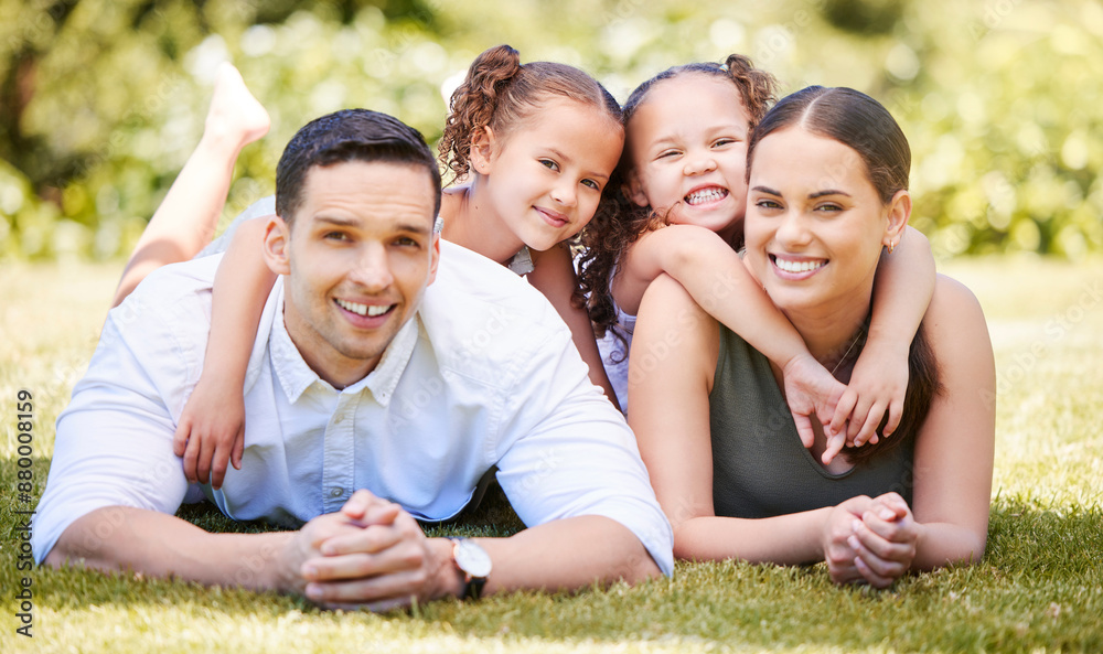 Canvas Prints Parents, portrait and children with piggyback in park for weekend adventure, love and vacation together. Family, man and woman with kids in nature for outdoor holiday, break and summer in Costa Rica