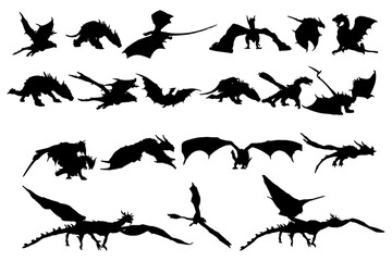 Set of vector dragon silhouette. Stock illustration.