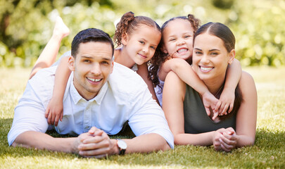 Parents, portrait and children with piggyback in park for weekend adventure, love and vacation together. Family, man and woman with kids in nature for outdoor holiday, break and summer in Costa Rica