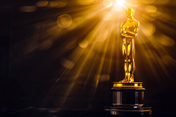 Golden award statuette as a film academy award on a dark background with golden rays with space for text or inscriptions
