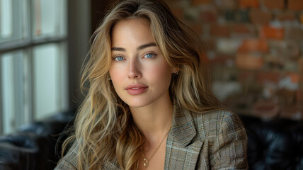 pretty female hair stylist model wearing a beautiful dress business suit created with Generative AI technology