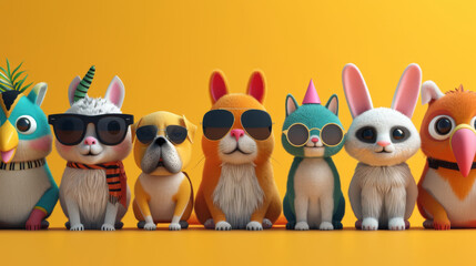 Obraz premium Group of adorable animals including dogs, cats, and rabbits, wearing sunglasses and hats, posing against a yellow background.