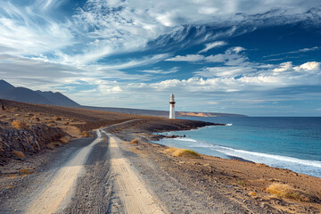 Lighthouse on a beautiful sea or ocean beach with waves and beautiful blue sky with white clouds
