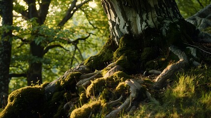 Moss Covered Tree Roots in the Forest.