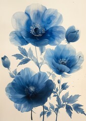 Blue and white illustrated flowers.