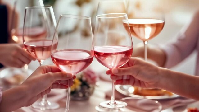 Cheers to Ros&eacute;: Friends Toast with Pink Wine in a Festive Setting. Celebration, Friendship, Summer Vibes Concept.