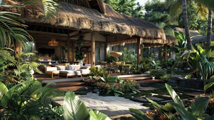 Obraz premium A luxurious tropical villa with open-air living spaces, a thatched roof, and lush gardens filled with exotic plants.