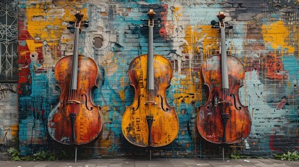 Naklejka premium Three Cellos Against a Colorful Wall