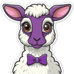 Fototapeta premium Sticker, sheep with a bowtie knitting in the style of cartoon style on a white background, Drawn in a cutely cute style