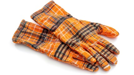 Thick plaid orange kitchen gloves for heat protection on white background