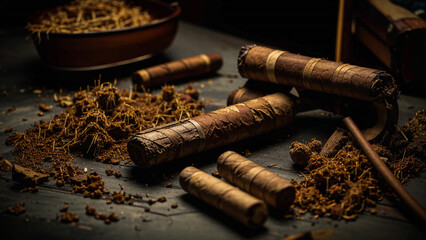 some cigars and a bowl of tobacco on a table