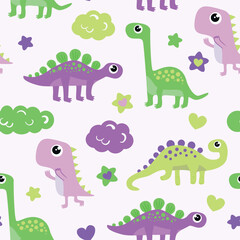 Cute seamless pattern with dino. Colorful print with dinosaurs, stars, clouds, and hearts for kids.