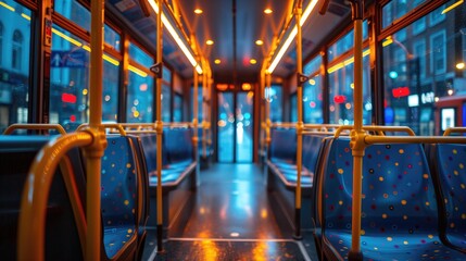 City public transport. Bus interior. Empty tram rides through town. Bus without passengers.
