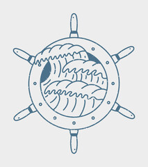 The illustration of the waves in a wooden ship steering wheels summer vibes mono line art for t shirt sticker badge design