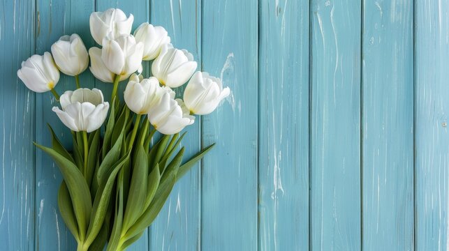 Spring flower bouquet with white tulips on light blue wooden backdrop