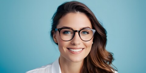 Fototapeta premium Captivating portrait of a woman with glasses smiling, a perfect abstract, wallpaper, background, best-seller image