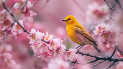 A beautiful Prothonotary warbler bird perched on a flowering tree, with pink blossoms surrounding it...
