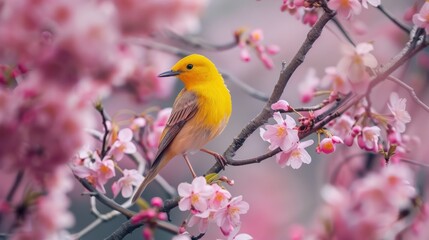 A beautiful Prothonotary warbler bird perched on a flowering tree, with pink blossoms surrounding it...