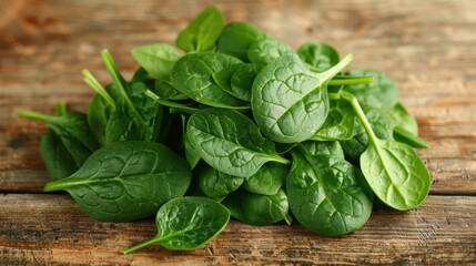 Fototapeta premium A high-resolution photo of fresh spinach leaves on a wooden surface..