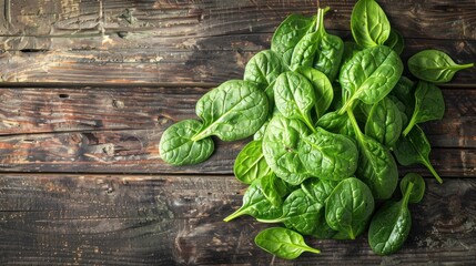 Fototapeta premium A high-resolution photo of fresh spinach leaves on a wooden surface..