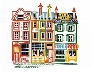 Naklejka premium Colorful Hand-Drawn Illustration of Old Town Buildings - Urban Cityscape Art Print for Home Decor, Posters, and Greeting Cards .