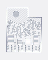 The Salt lake city the mountain and building view in Utah map shape design art for t shirt badge patch sticker illustration