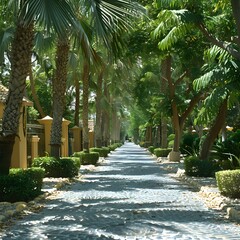 Obraz premium Tropical Pathway Leading Through Lush Greenery