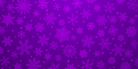 Christmas background of beautiful complex snowflakes in purple colors. Winter illustration with falling snow.