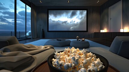 A modern home theater with subtle lighting, sleek grey seating, a massive projection screen, and a bowl of popcorn, ready to transport viewers into the world of cinema.