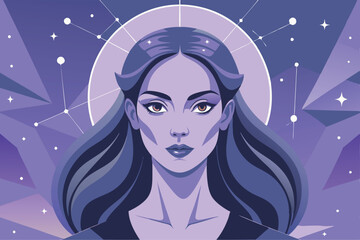 Illustration of woman with purple hair under night sky with stars