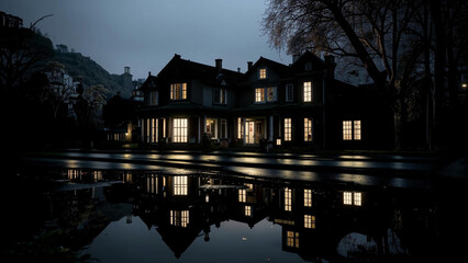 nighttime view of a house with a reflection in a puddle