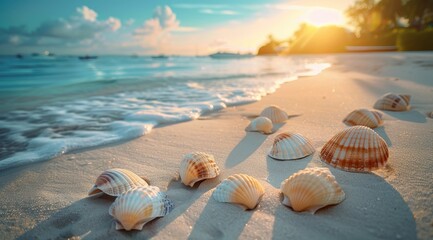 Seashells on Sandy Beach with Ocean Waves - Photo