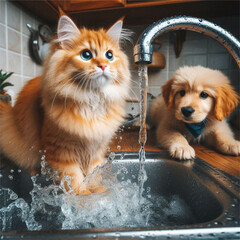 gato y perro jugando con agua