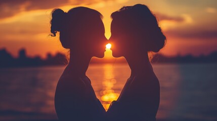Silhouette of two lesbian women in love, kissing by the sea